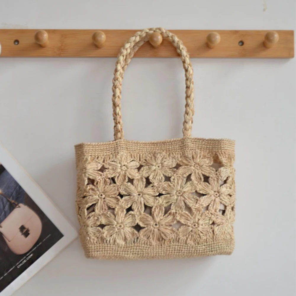 Beach Bag Straw - Bolso de paja con flores bohemias,